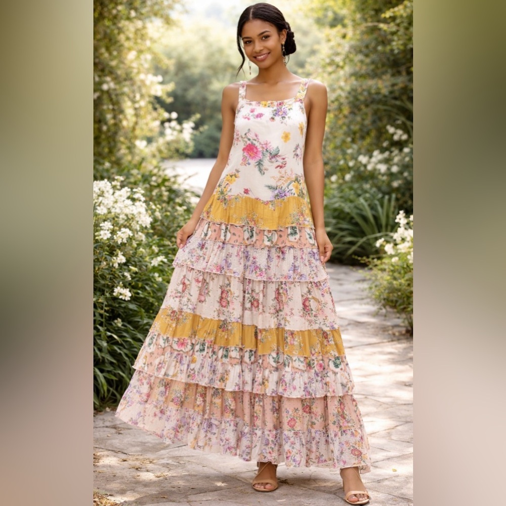 NEW! Beatnik Philosophy Floral Tiered Maxi Dress Yellow Pink SZ S